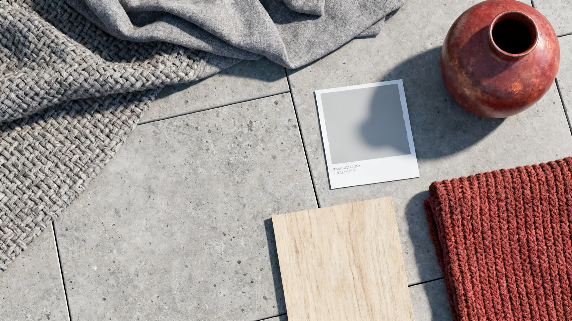 Top-down flatlay of gray texture swatches and rust-red accents including ceramics and textiles