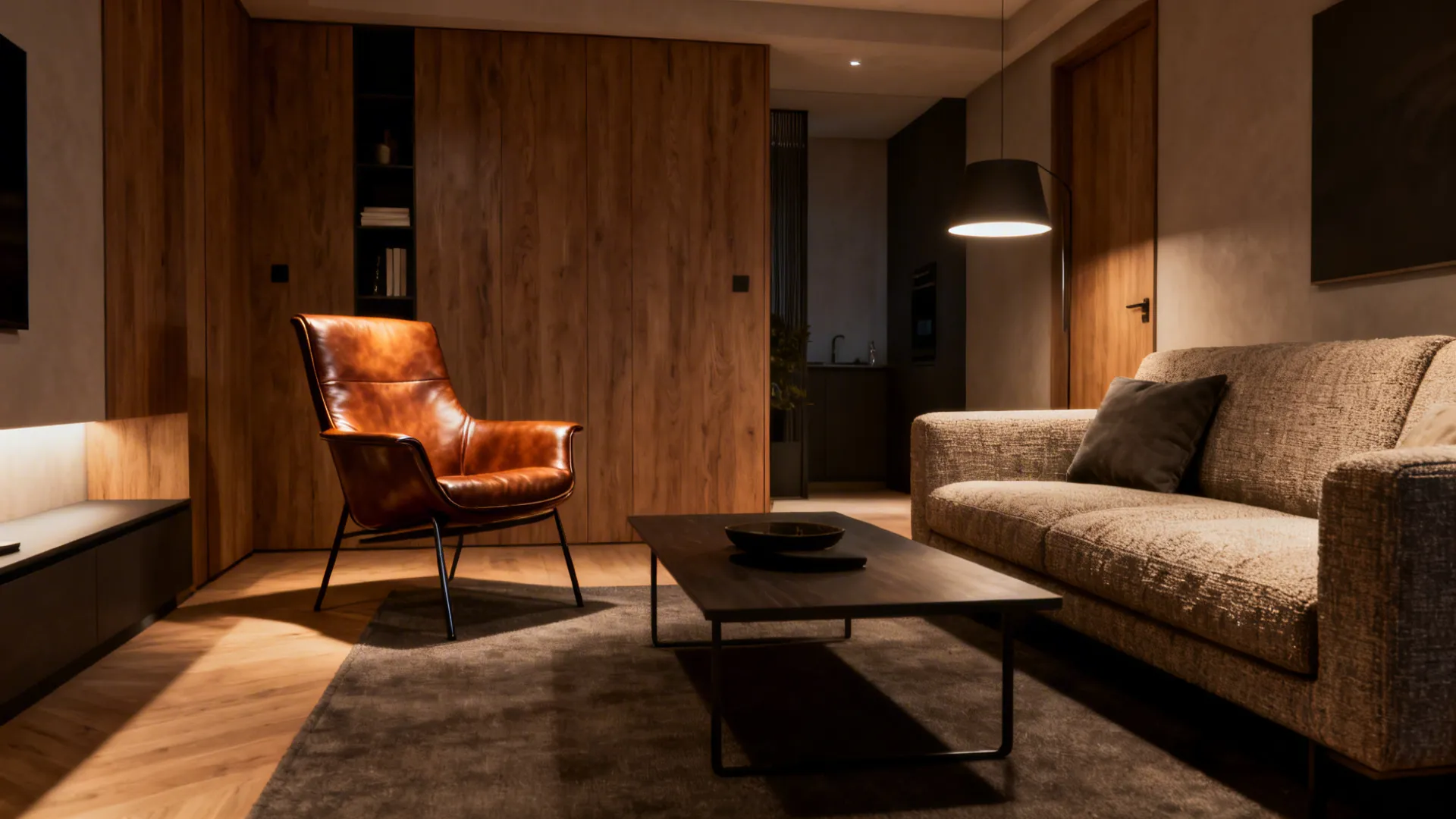 Slim leather club chair contrasted with a chunkier textured fabric sofa in a small living room