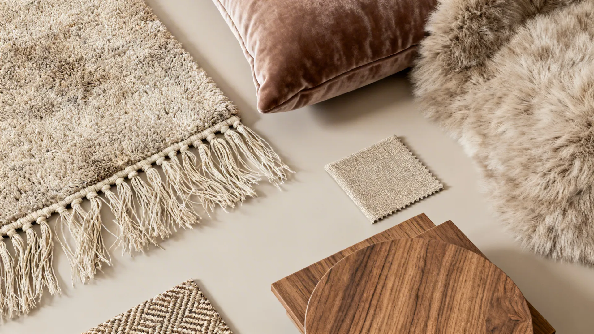 Flat lay showing rug with tassels velvet pillow faux fur and wooden interior design material samples