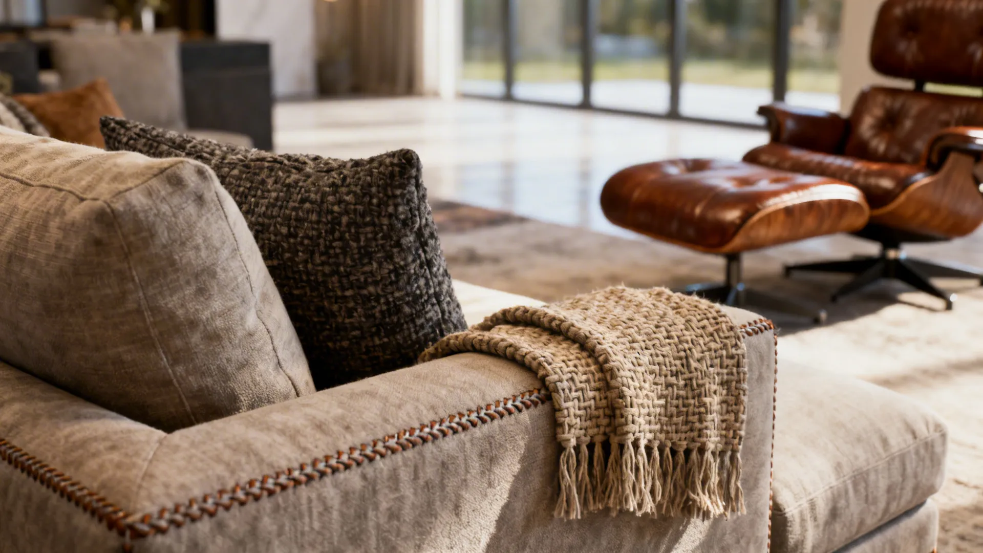 Close-up of layered cushions, throws, and mixed seating in a living room