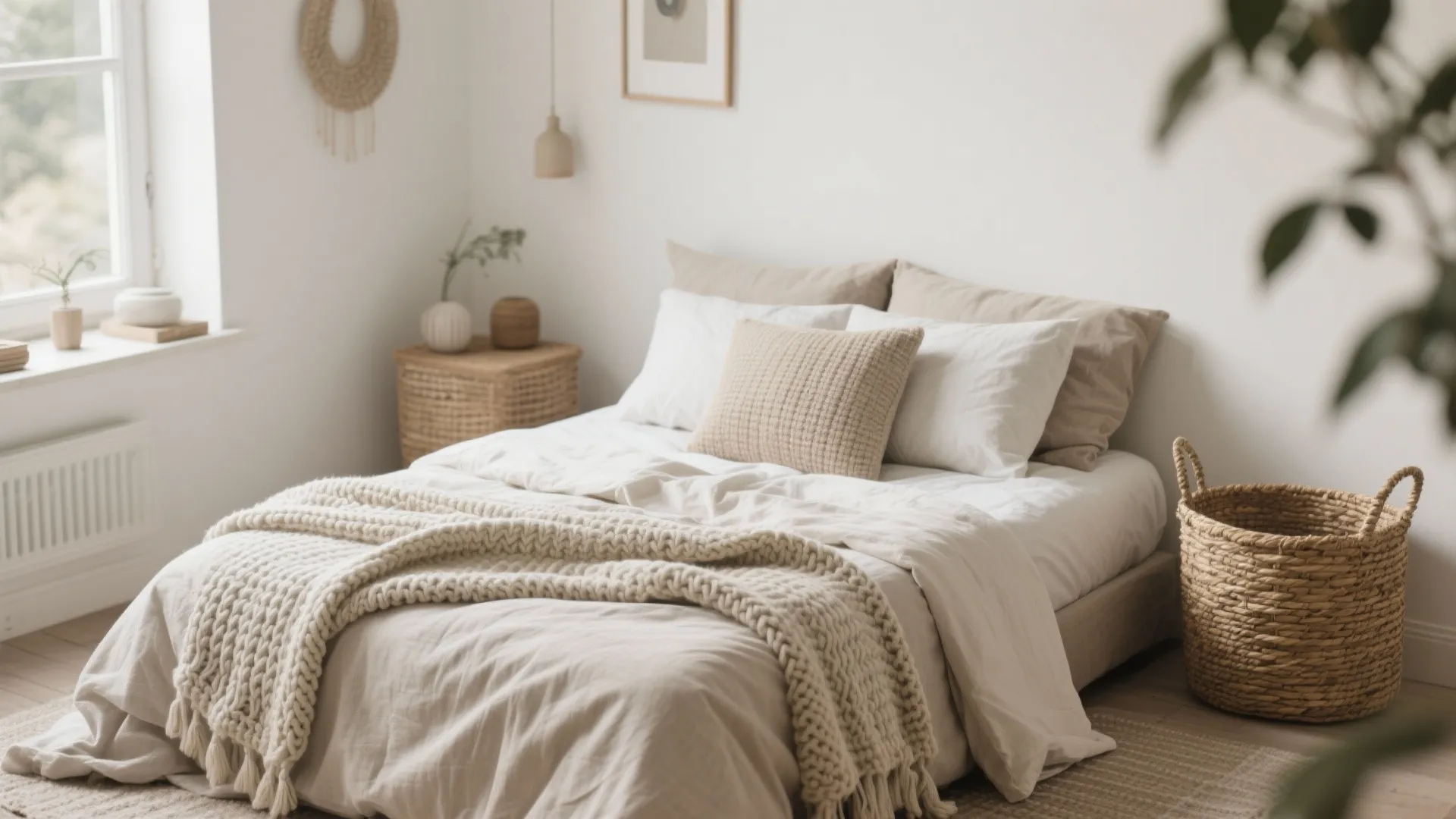 Cozy bedroom with textured beige bedding woven basket bedside cabinet wall decor and soft sunlight