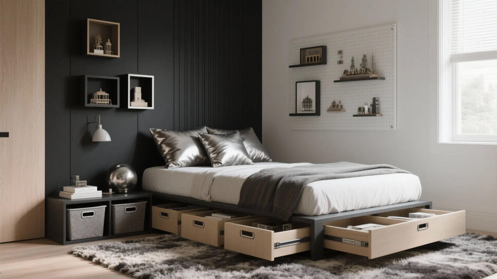 Modern bedroom featuring a grey bed frame with wooden storage drawers and black wall paneling