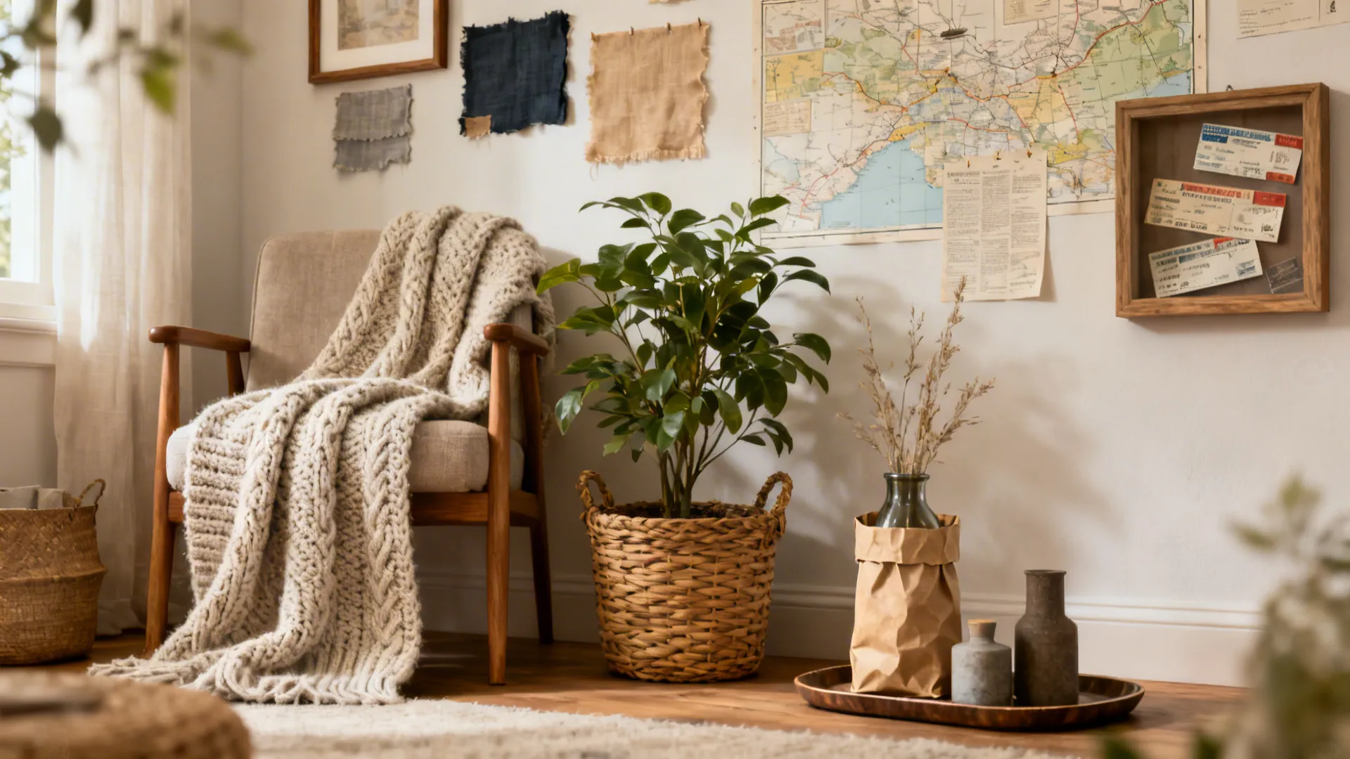 Cozy vignette with knit throw, woven basket planter, paper bag vase sleeve, and framed personal artifacts.