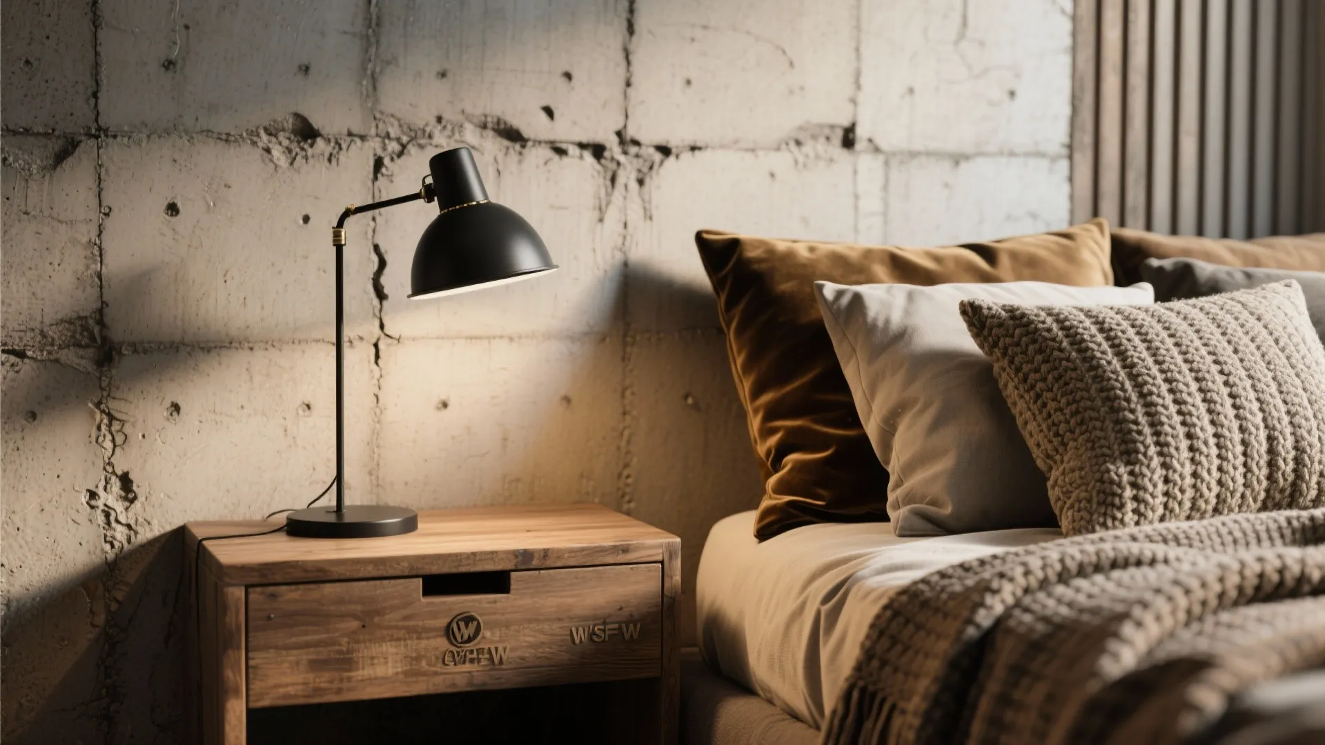 Contrast of faux-concrete wall, velvet cushions, reclaimed wood and matte metal in a bedroom vignette