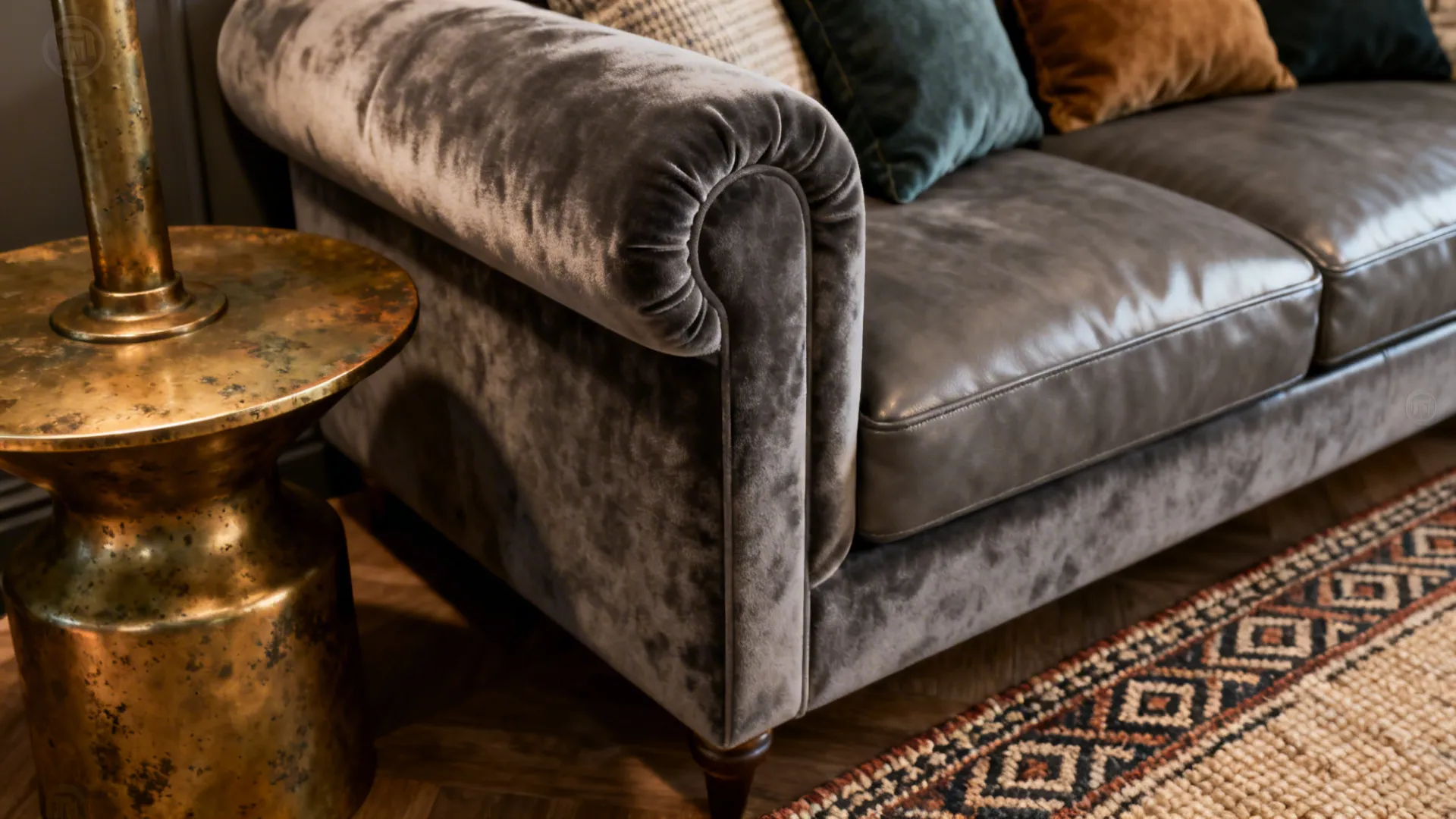 5. Mix textures: velvet, brass, and patterned rugs