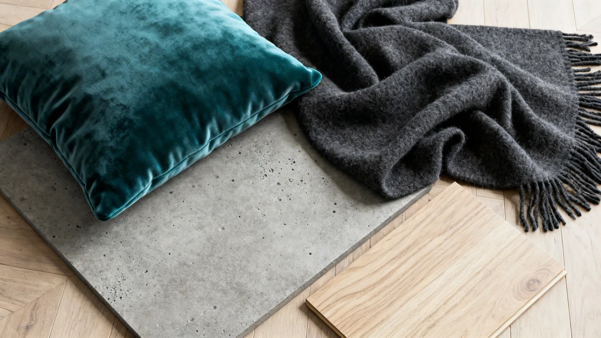 Flatlay of teal velvet, charcoal wool, concrete surface and wood swatch showing layered textures