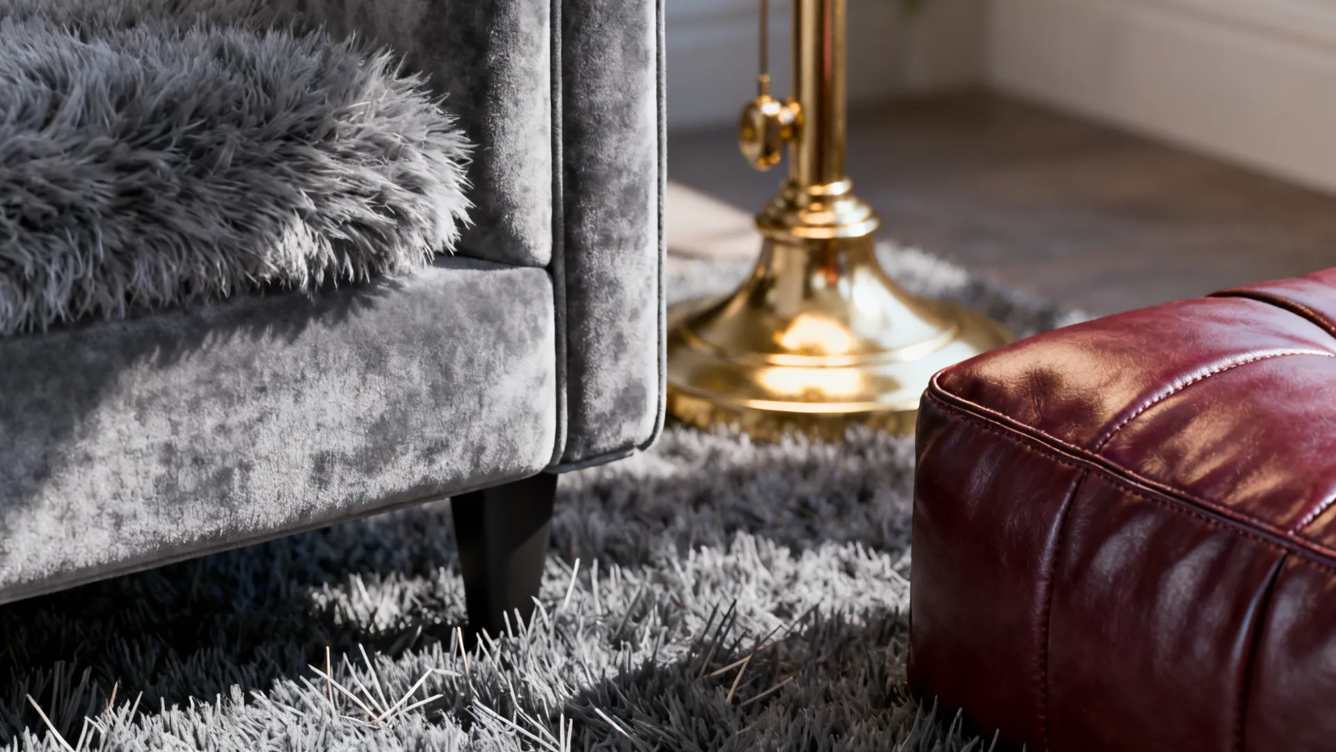 Close-up of gray velvet, burgundy leather, and brass details creating a layered look.