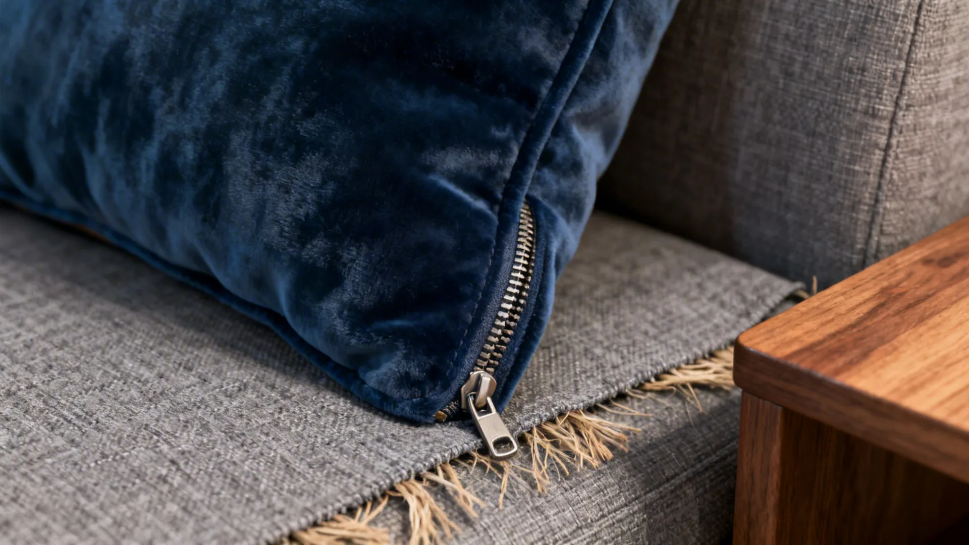 Close-up of navy velvet cushion, grey linen sofa fabric and mid-tone wood surface showing texture