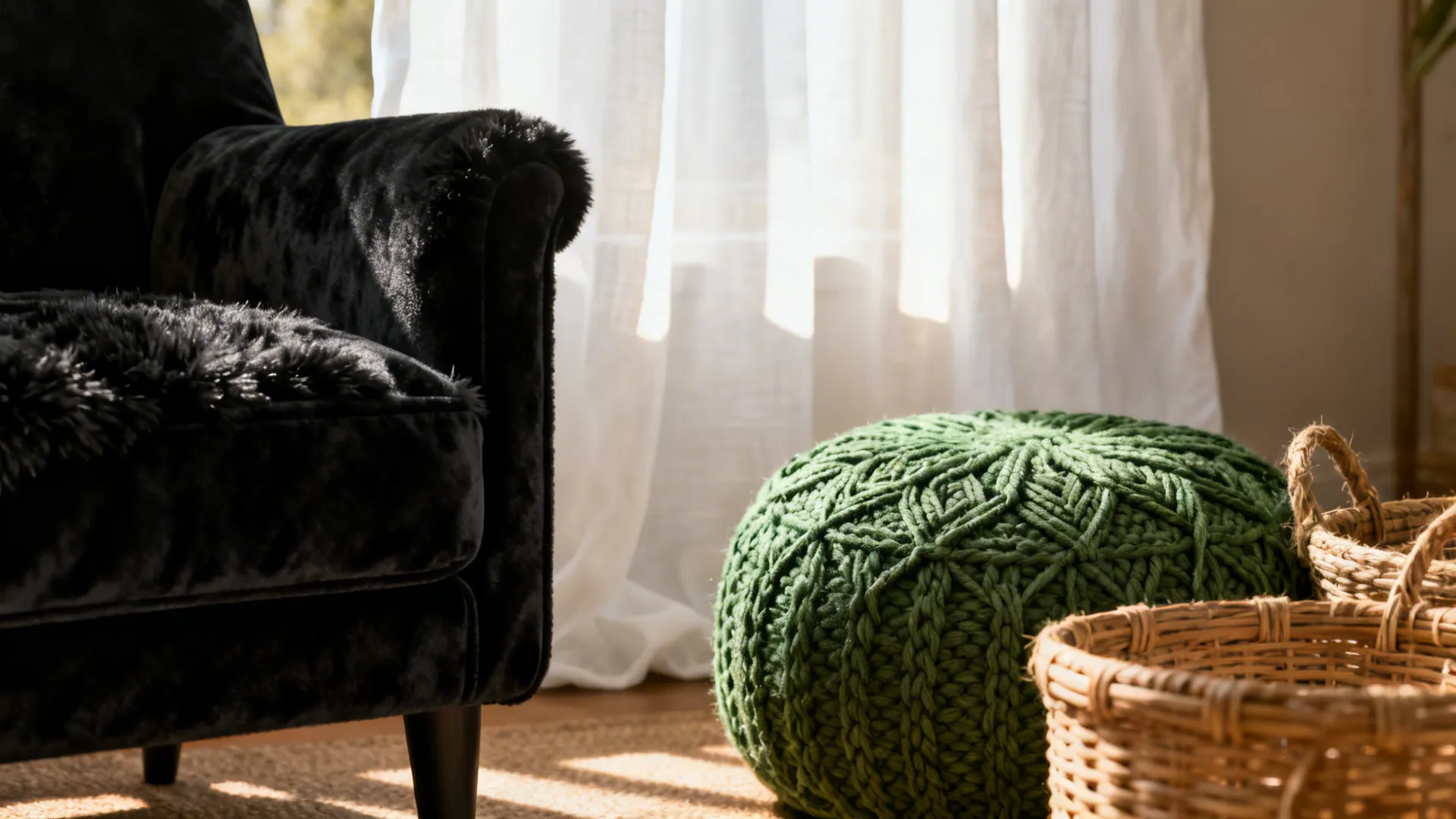 Close-up textures: black velvet, white linen and woven green accents
