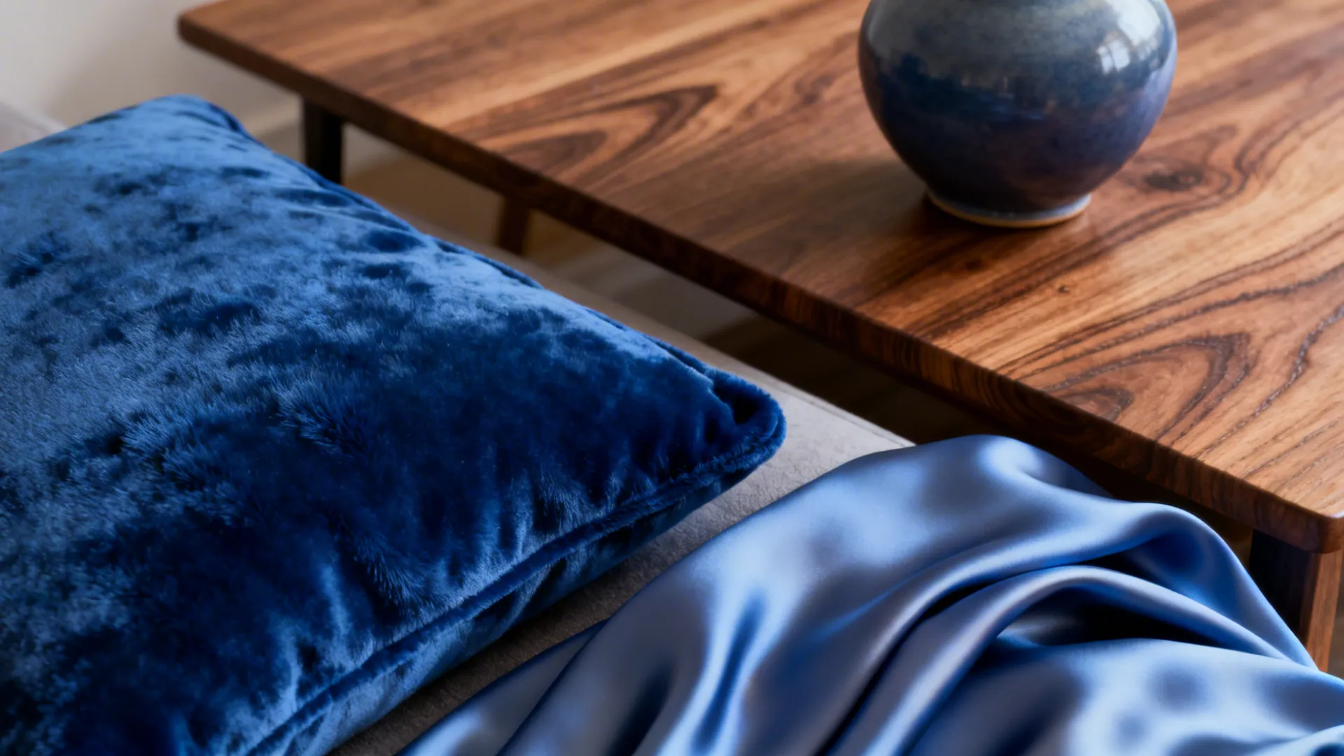 Close up of blue velvet pillow and silk fabric on a wooden table with blue vase