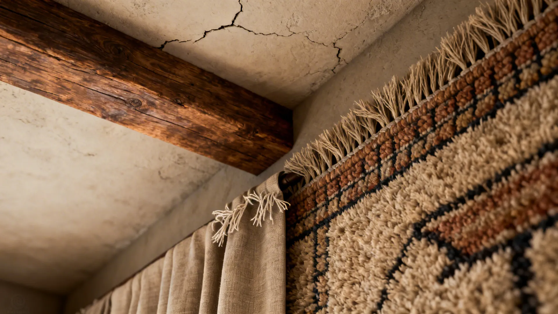 Close-up of exposed beam, woven rug and plush upholstery in a vaulted living room