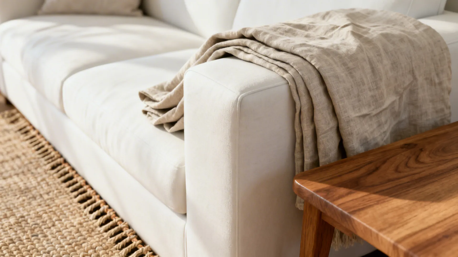 Detailed view of linen throw, woven rug and oak side table next to a white sofa