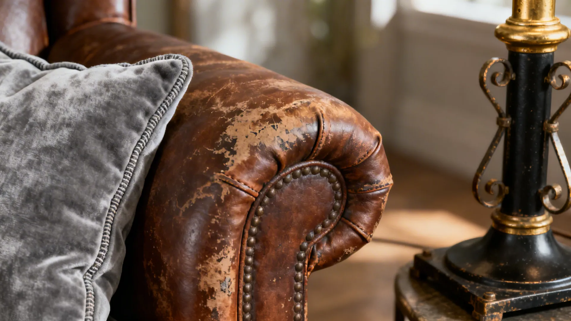 Close-up of gray velvet cushion, distressed brown leather, and matte metal lamp showing layered textures.