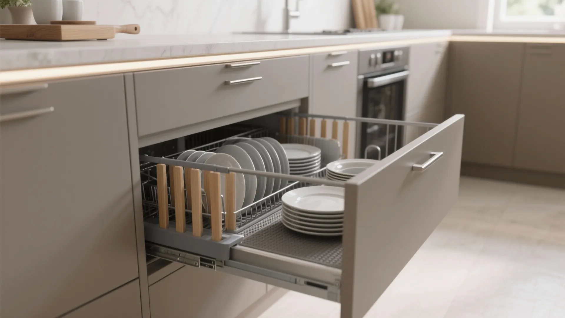 Modern kitchen with open cabinet drawer showing organized metal dish storage rack and white plates