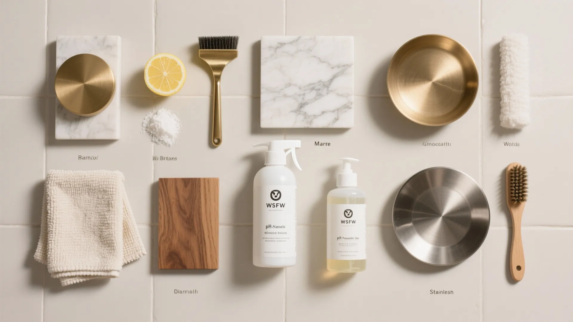 Flat lay arrangement of cleaning tools with brushes spray bottles lemon and white soft cloth