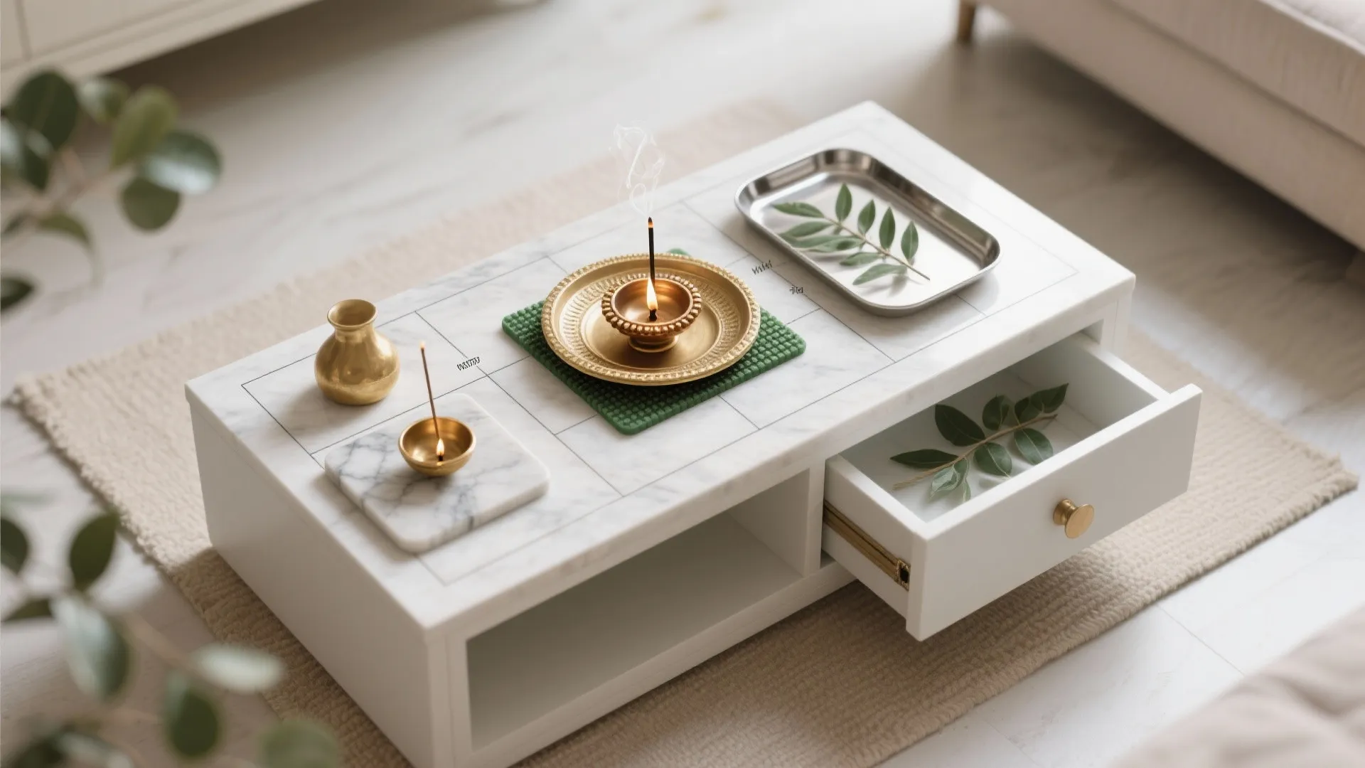 White coffee table with grid lines holding golden plates candles and leaves inside open drawer