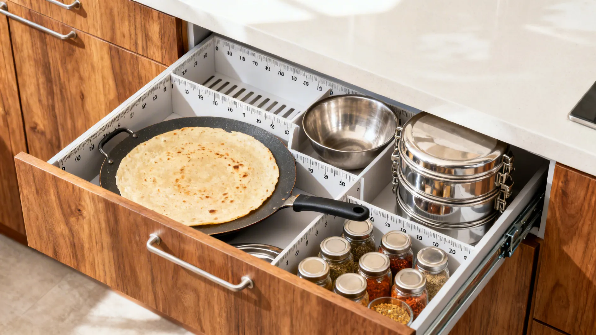 Top-down view of deep drawers with adjustable dividers storing dosa tawa, uruli, tiffins, and spices.