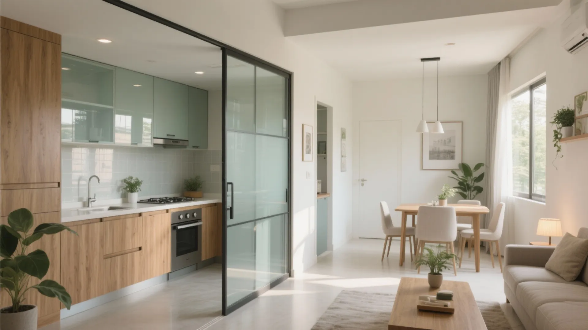 Bright open interior with wooden kitchen cabinets, sliding glass door, dining table, and grey sofa