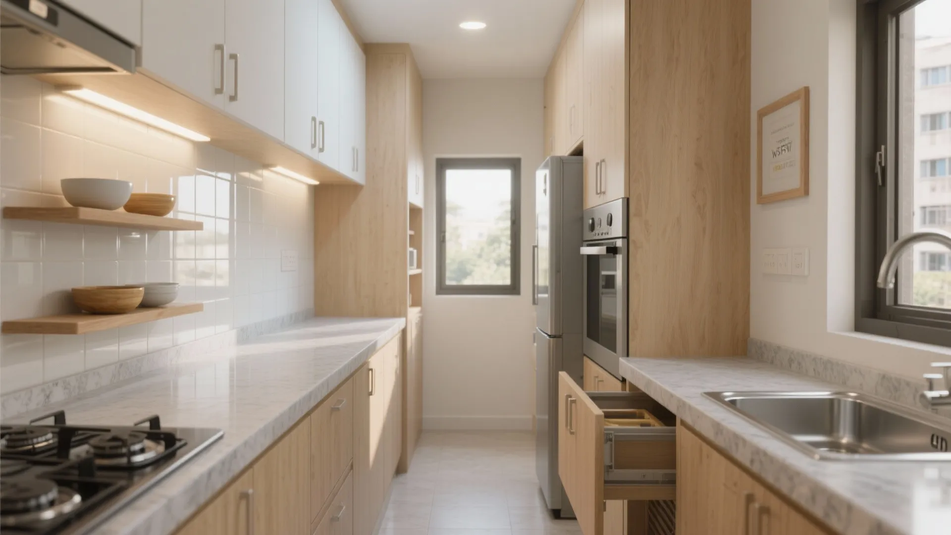 Minimalist kitchen storage and reflective surfaces