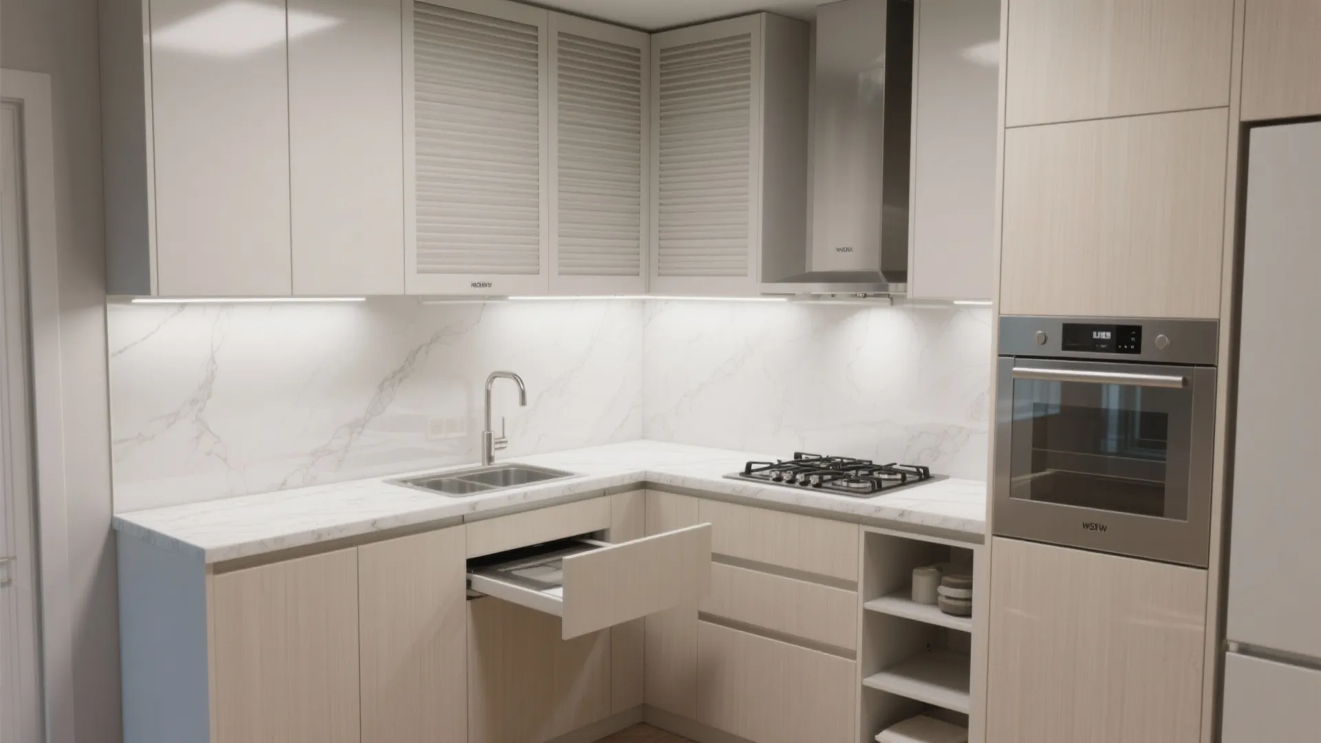 Minimalist Kitchen Storage with an L-Shaped or Galley Plan