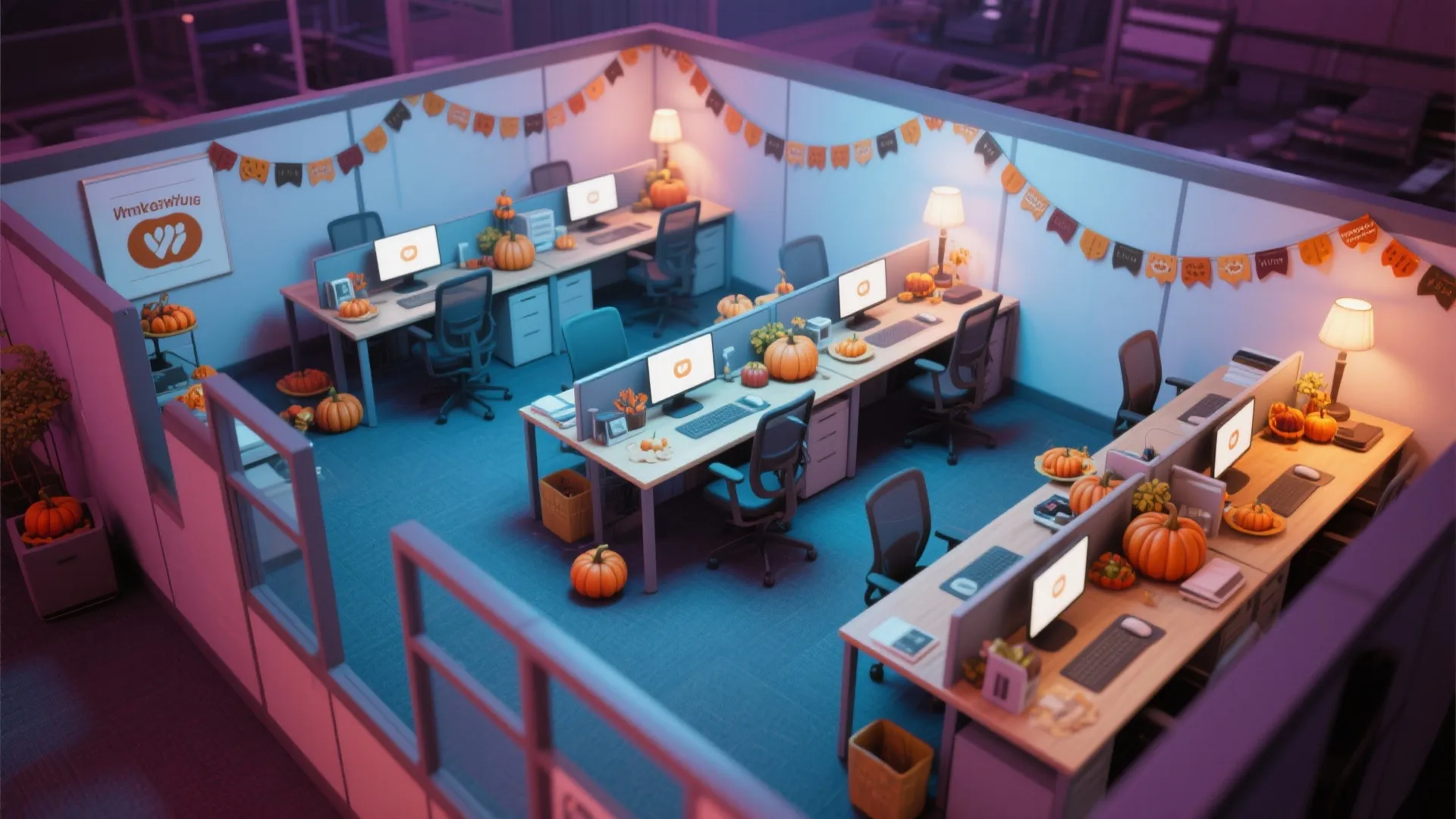 Office workstations decorated with many orange pumpkins paper banners table lamps and computer monitor screens