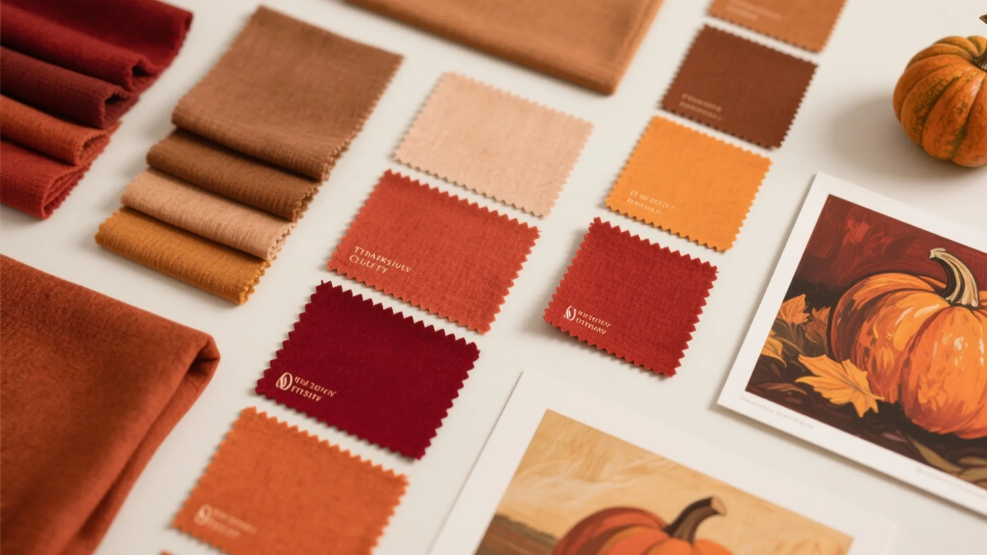 Orange and red fabric swatches arranged on white table with small pumpkin and autumn illustrations