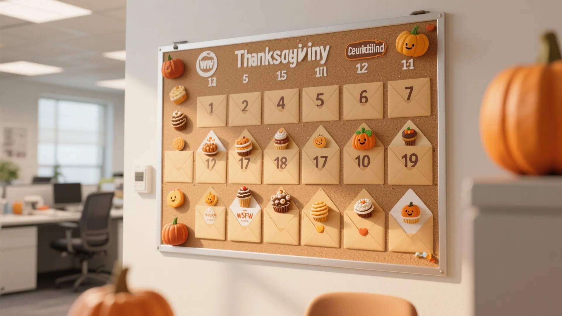 Office cork board featuring a thanksgiving countdown calendar with small envelopes and cute pumpkin themed decorations