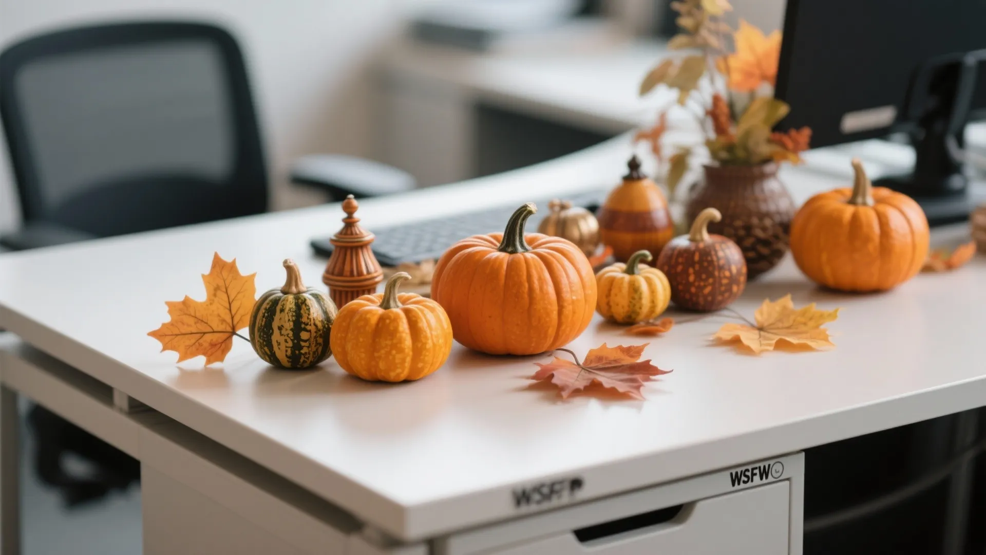 White office desk decorated with small orange pumpkins and autumn leaves for a warm atmosphere
