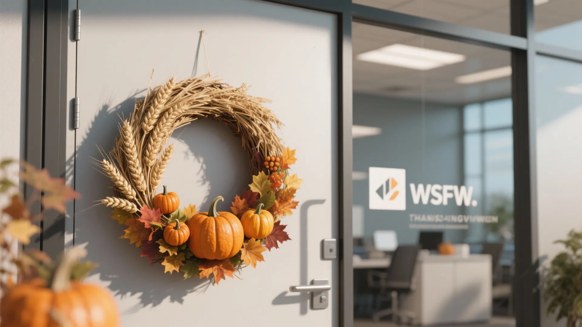 Thanksgiving door wreath made of wheat and small orange pumpkins hanging on a white door