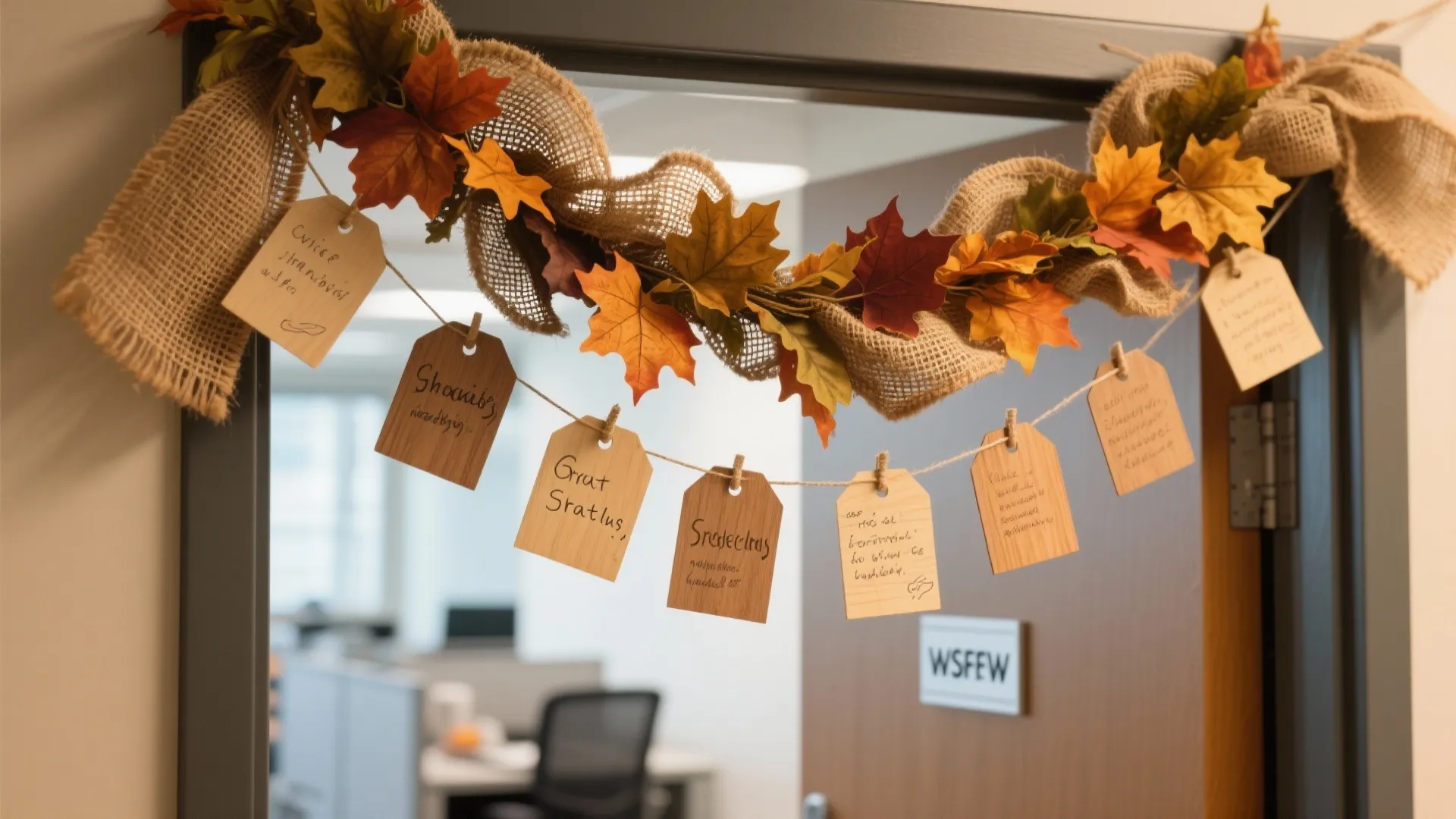 Office doorway decorated with autumn leaves burlap fabric and hanging paper tags for holiday season