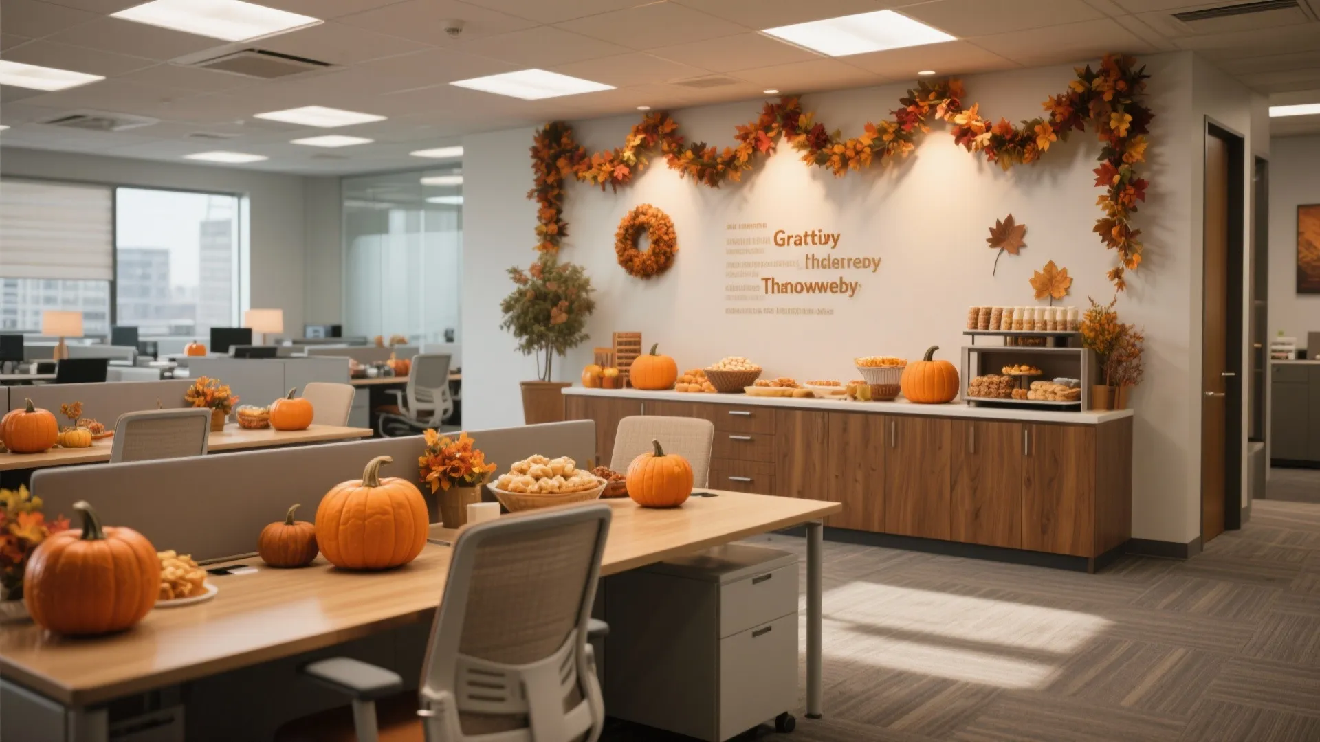 Modern office interior with Thanksgiving decorations featuring pumpkins on desks and autumn leaf garlands on walls