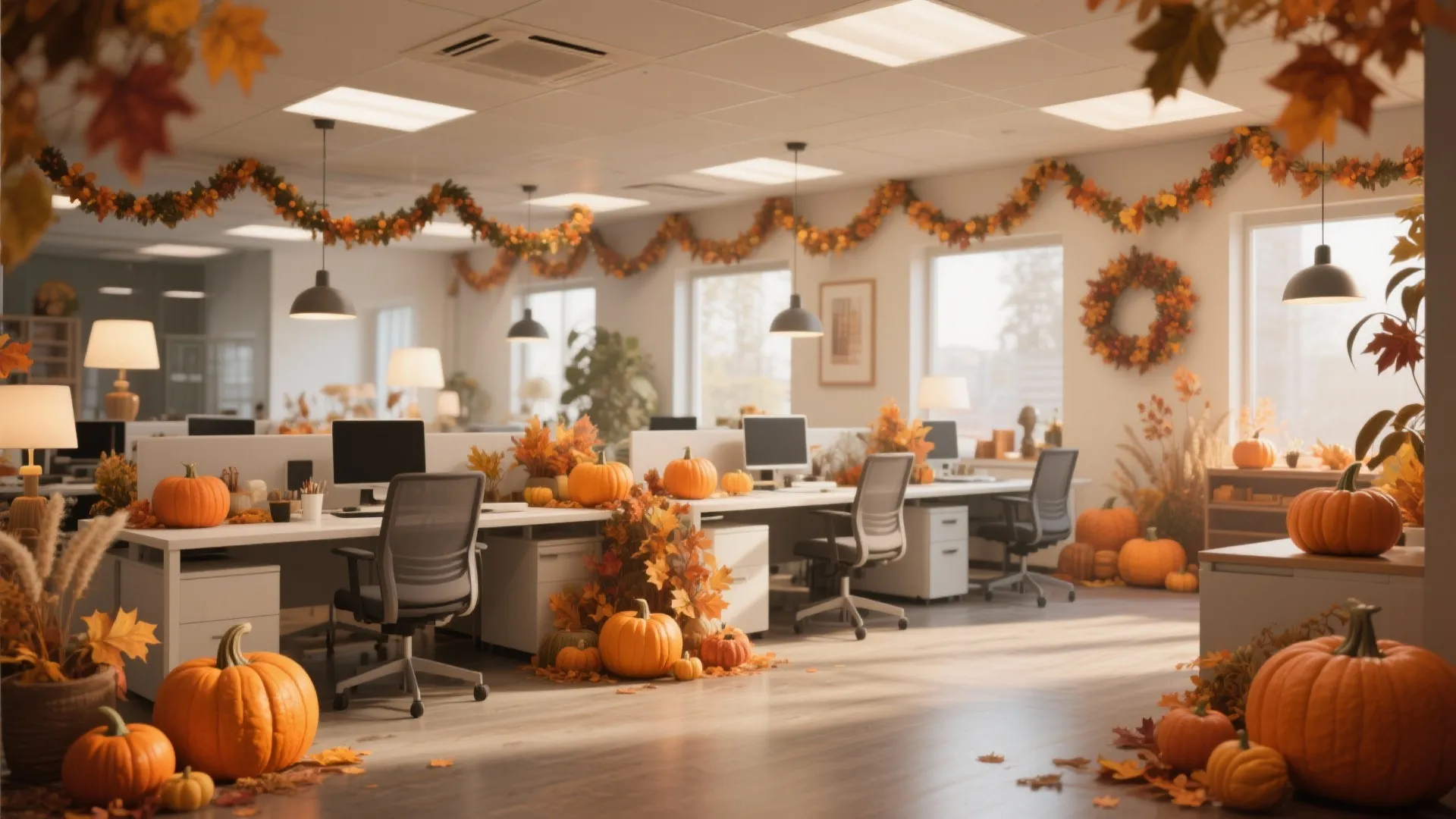Office workspace decorated for Thanksgiving with orange pumpkins, autumn leaf garlands, desks, and grey chairs