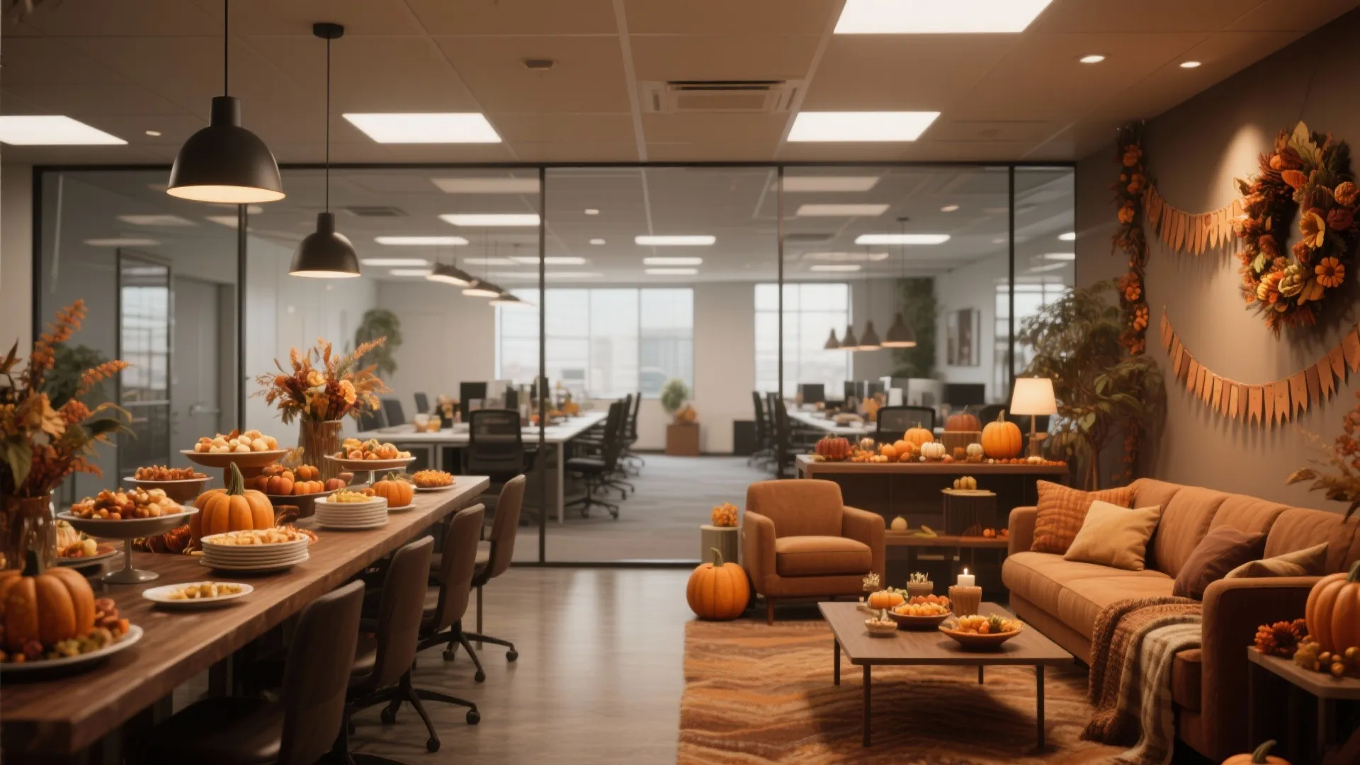 Modern office lounge with long wooden table brown sofa pumpkins and autumn decorations for seasonal event