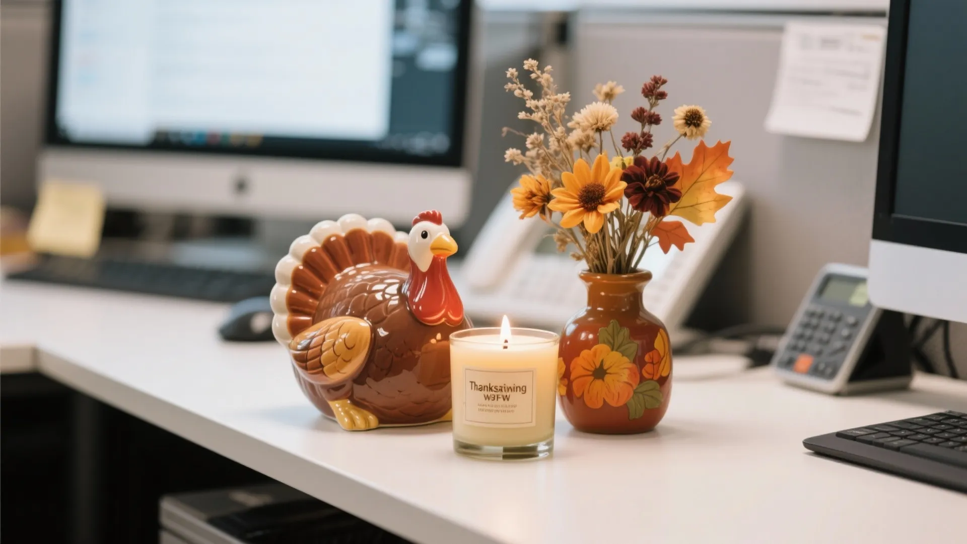 Office desk workstation featuring a turkey figurine, lit candle, flower vase, and a computer monitor