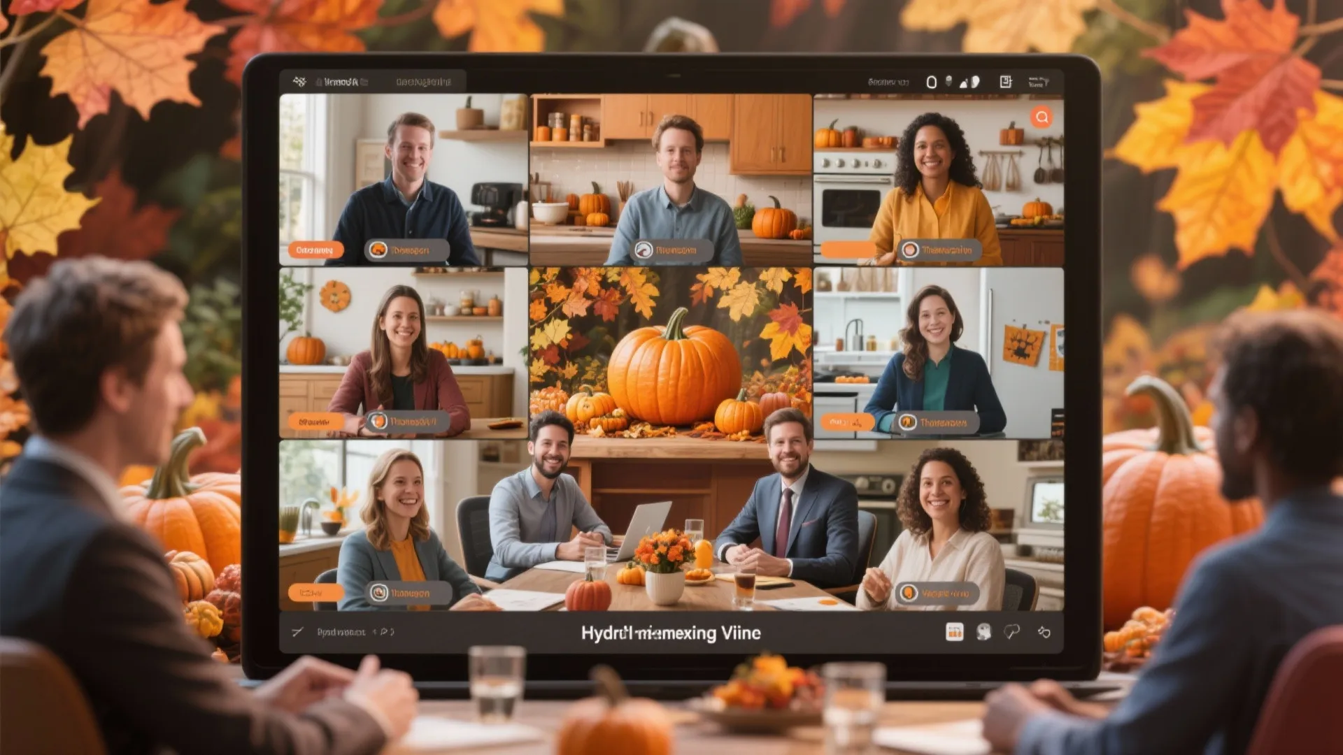 Laptop screen showing a group video call with autumn pumpkin backgrounds for a virtual meeting