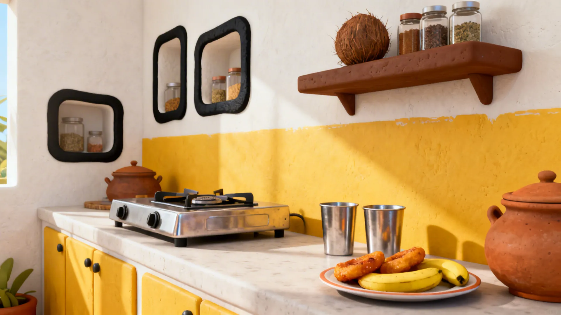 Cartoon-style Kerala thattu kada inspired kitchen with alcoves, steel tumblers, and bright accents.