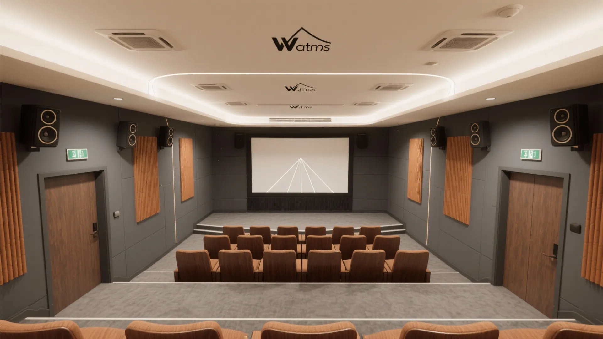 Large home theater room with brown seats grey walls wooden doors and bright ceiling light