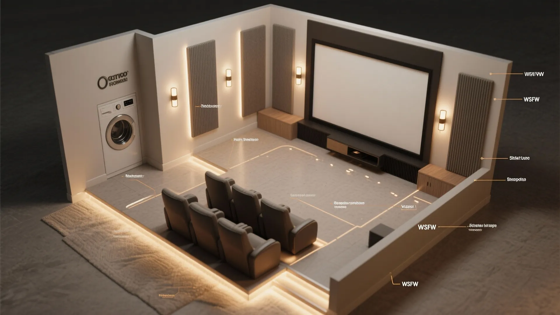 Top-down 3D floor plan showing recommended light placements and seating in a small home theater