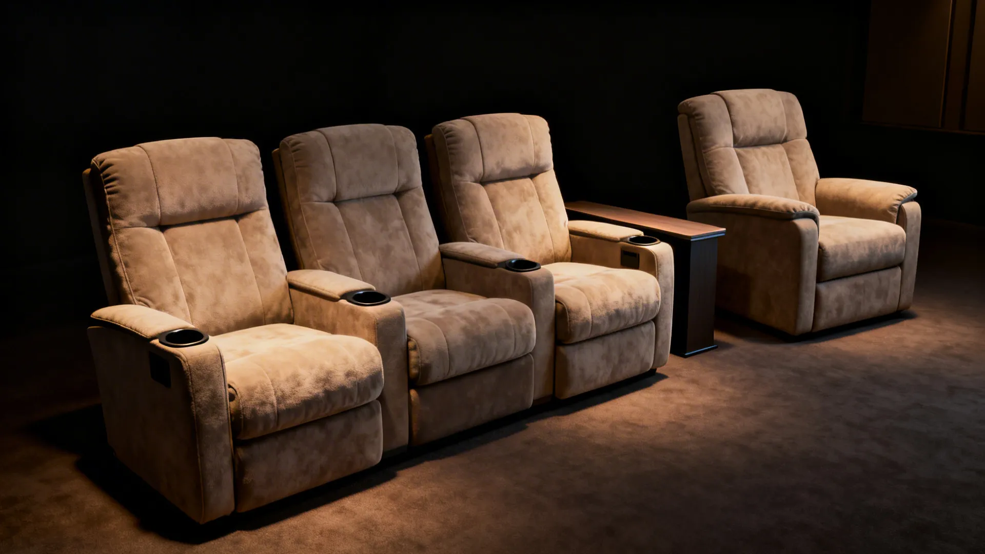 Home theater room featuring four brown leather reclining chairs with cup holders and dark color