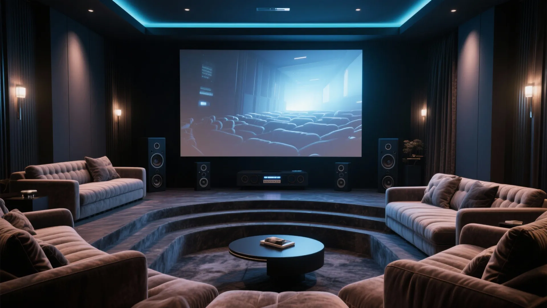 Home theater room with large screen grey sofas black coffee table and blue ceiling light strip