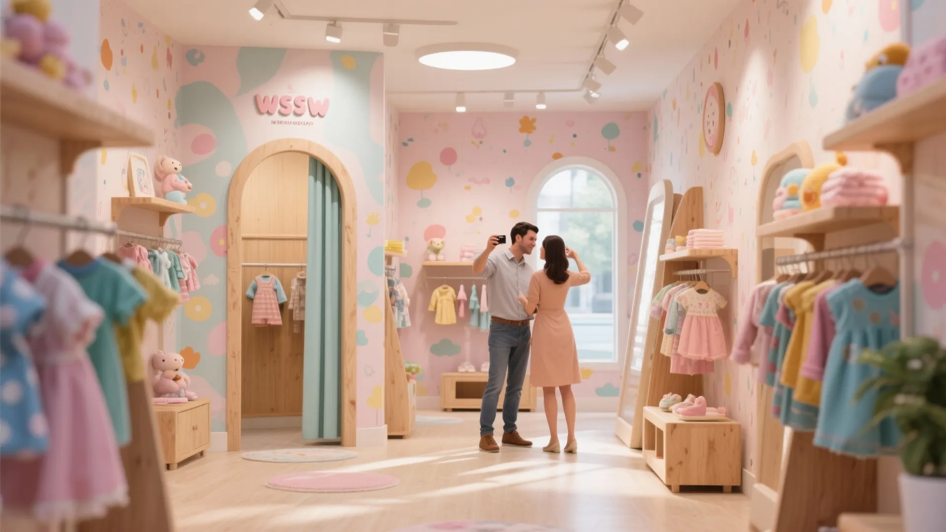 Colorful children clothing store with pink patterned wallpaper wooden shelves and a small arched fitting room