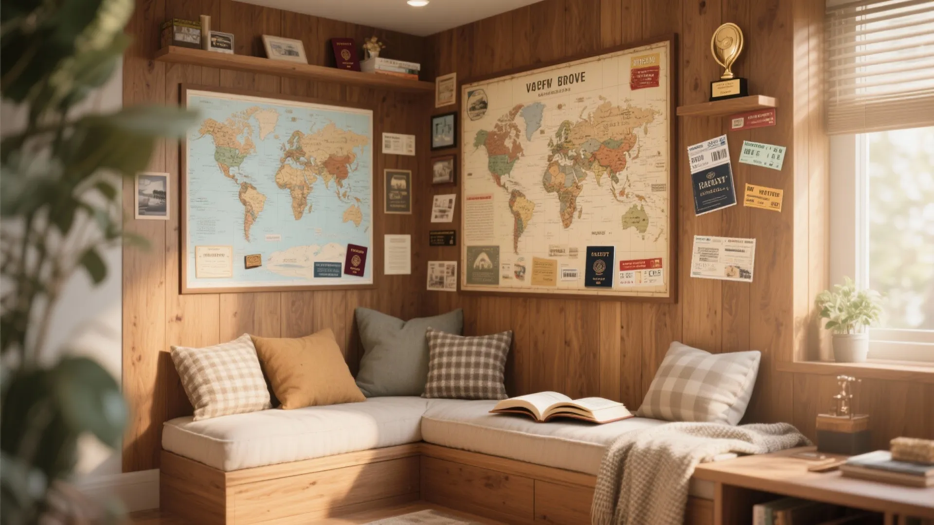 Cozy corner with wooden walls featuring world maps travel photos and a white corner sofa