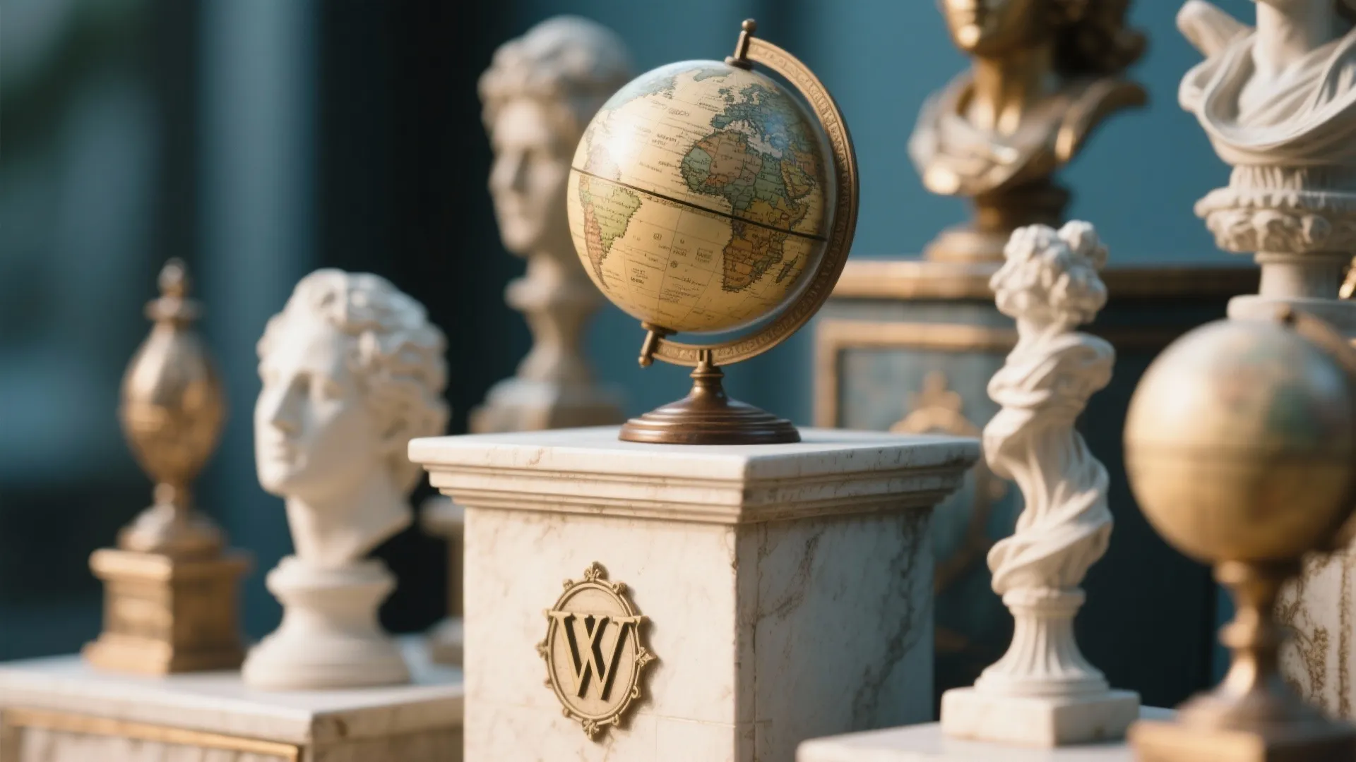 Vintage world globe sitting on a white marble stand surrounded by several small white statues