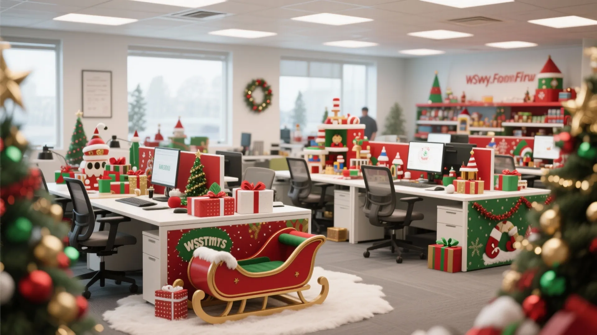 Office desks decorated as holiday toy-making workstations