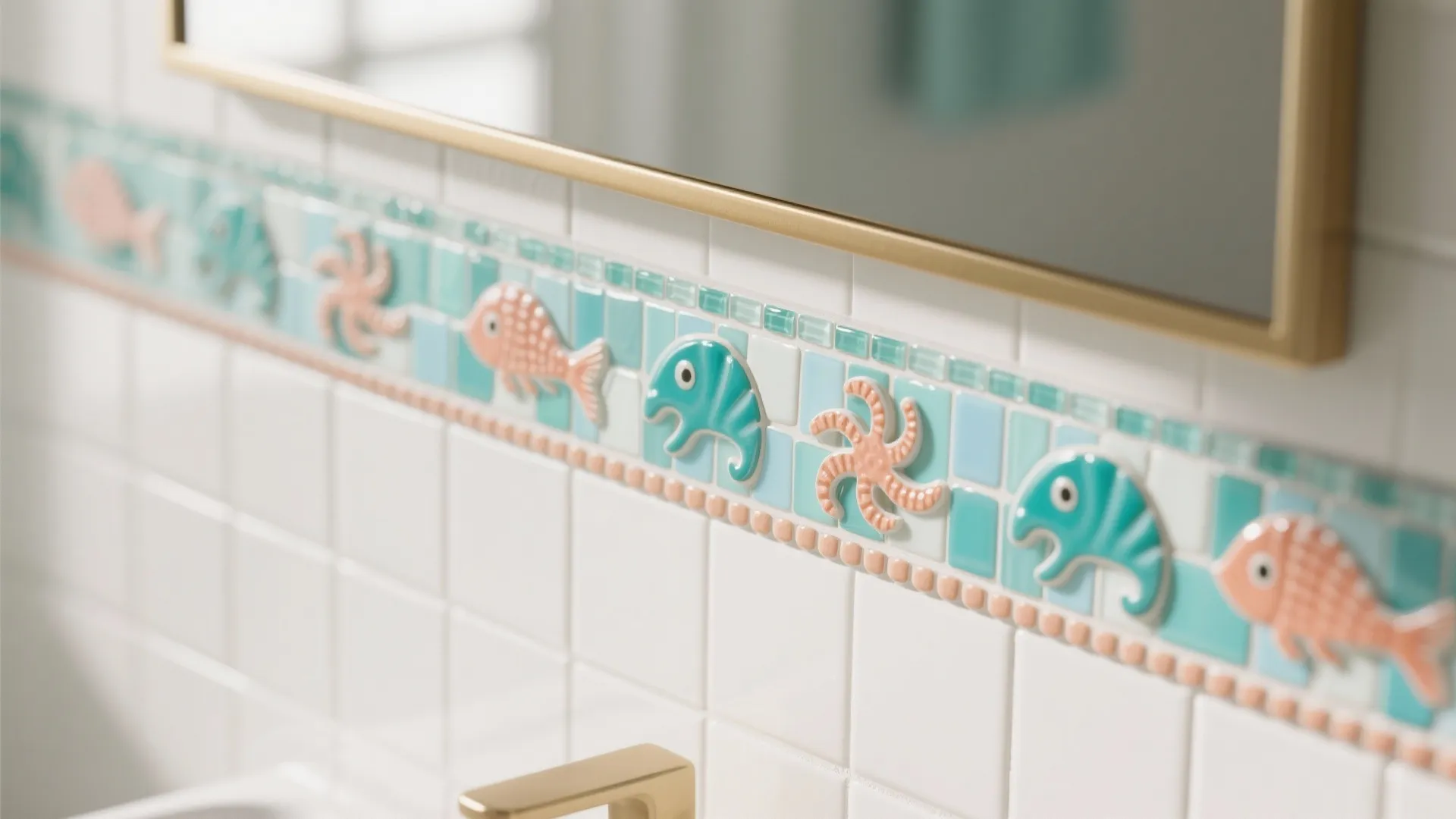 White bathroom wall tiles with a decorative sea life border featuring fish and starfish patterns