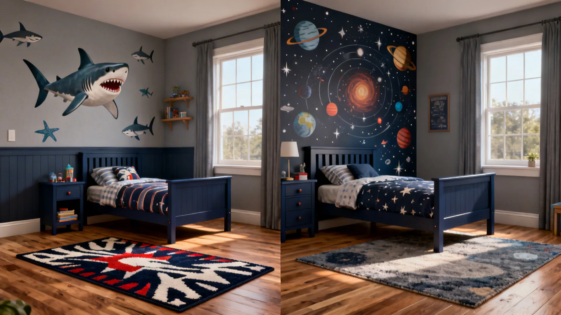 Split view showing a neutral kids room evolving from shark to space theme using decals and textiles.