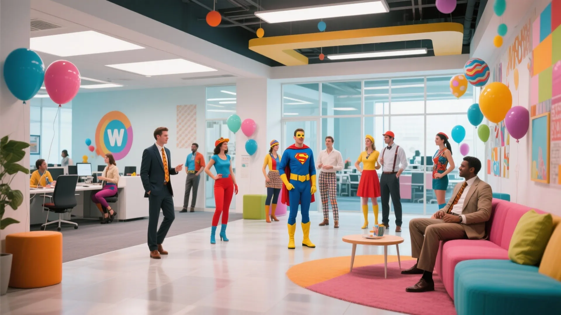 Modern colorful office interior with employees wearing costumes and balloons for a fun theme party