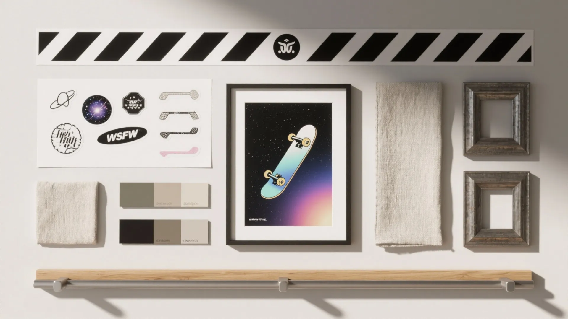 Top-down moodboard of removable decals, framed poster rails and fabric swatches for a teen room theme.