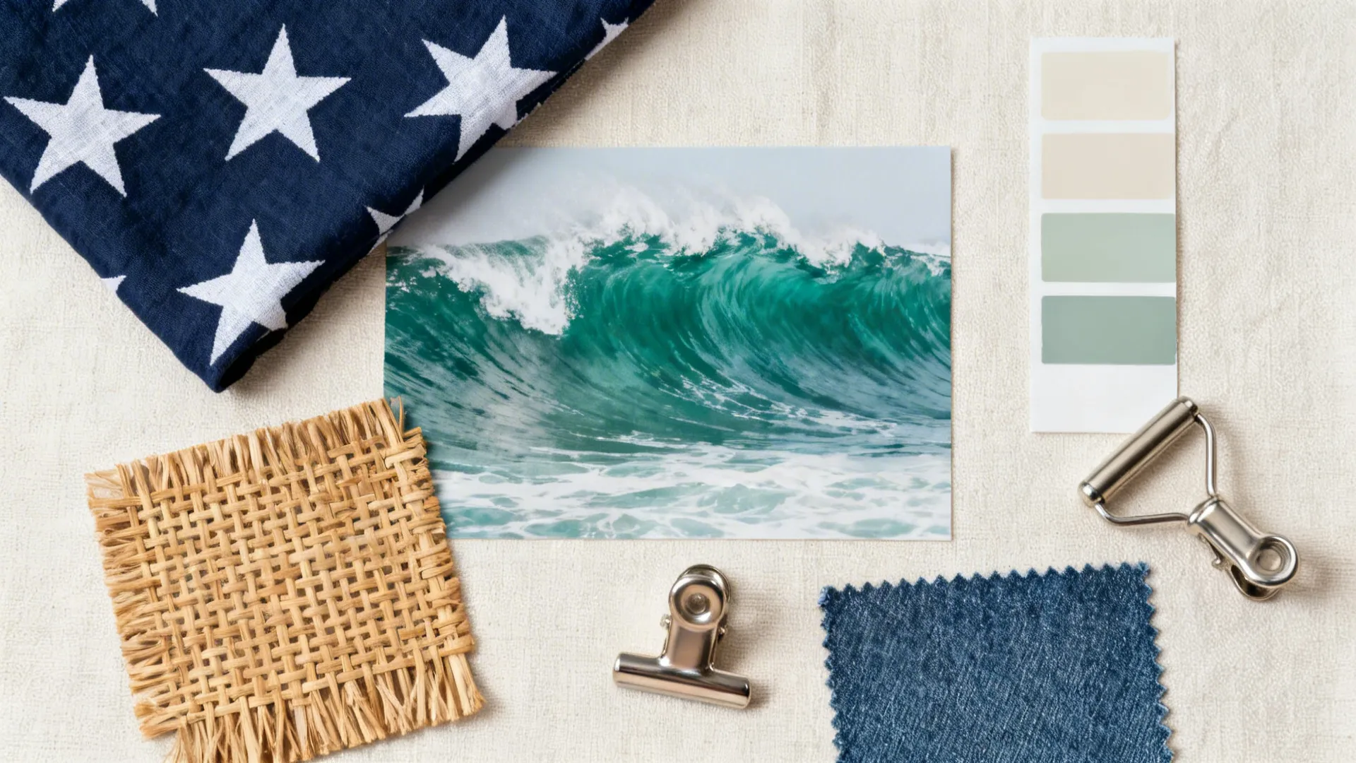 Flat lay of star and wave fabrics with neutral paint, rattan, denim, and metal samples.