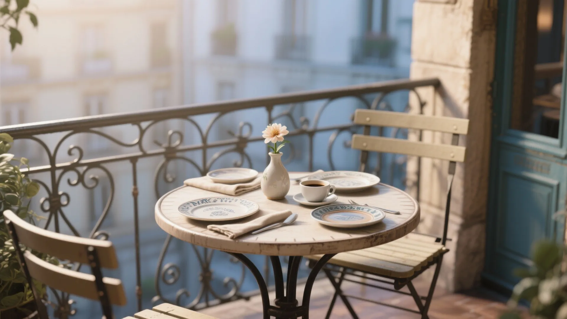 Small balcony table with two chairs set with plates plus coffee and a flower vase